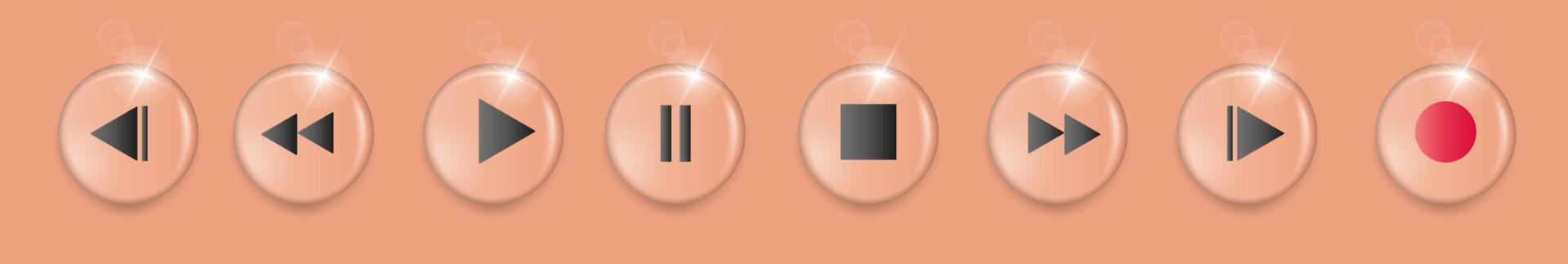 Set of volumetric media player button icons in calming coral colors vector
