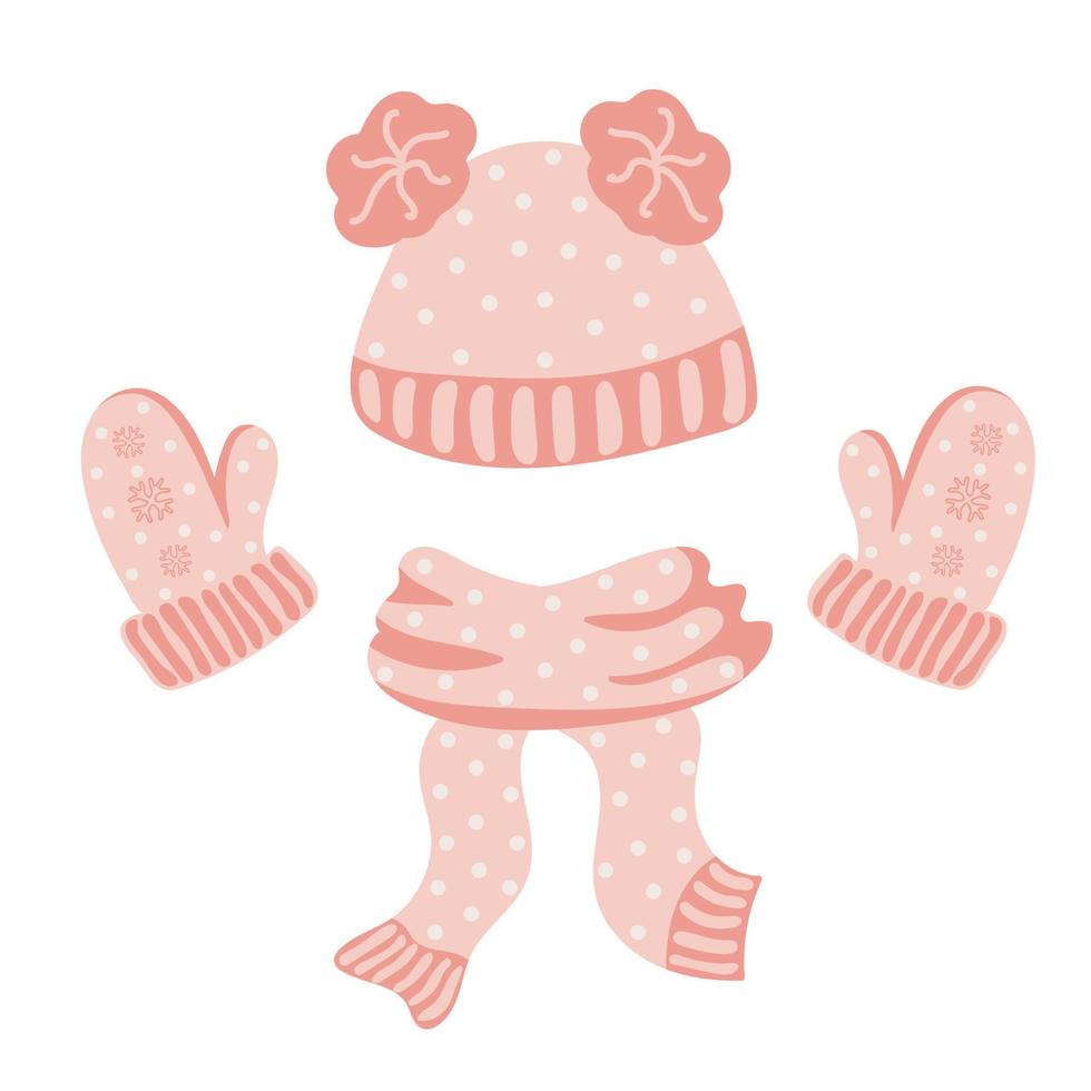 Pink scarf, hat and mittens, traditional winter set. Warm clothes vector