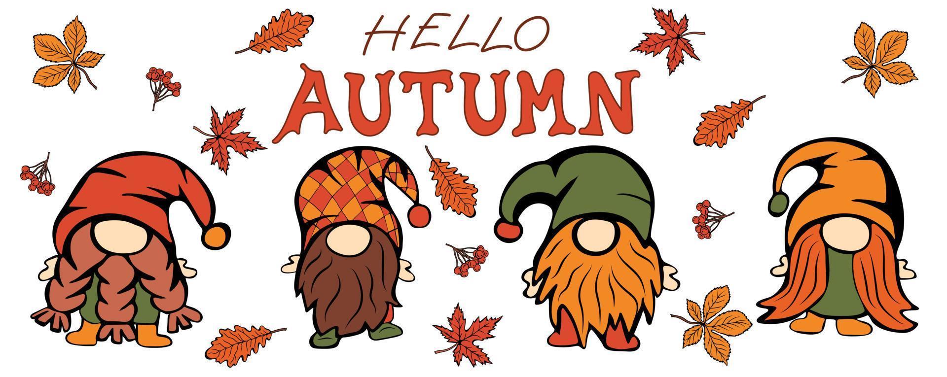 Cute gnomes with autumn leaves and berries vector