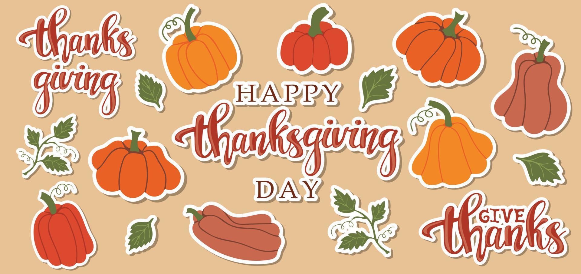 Set of Thanksgiving stickers. Collection of cute pumpkins and calligraphy vector