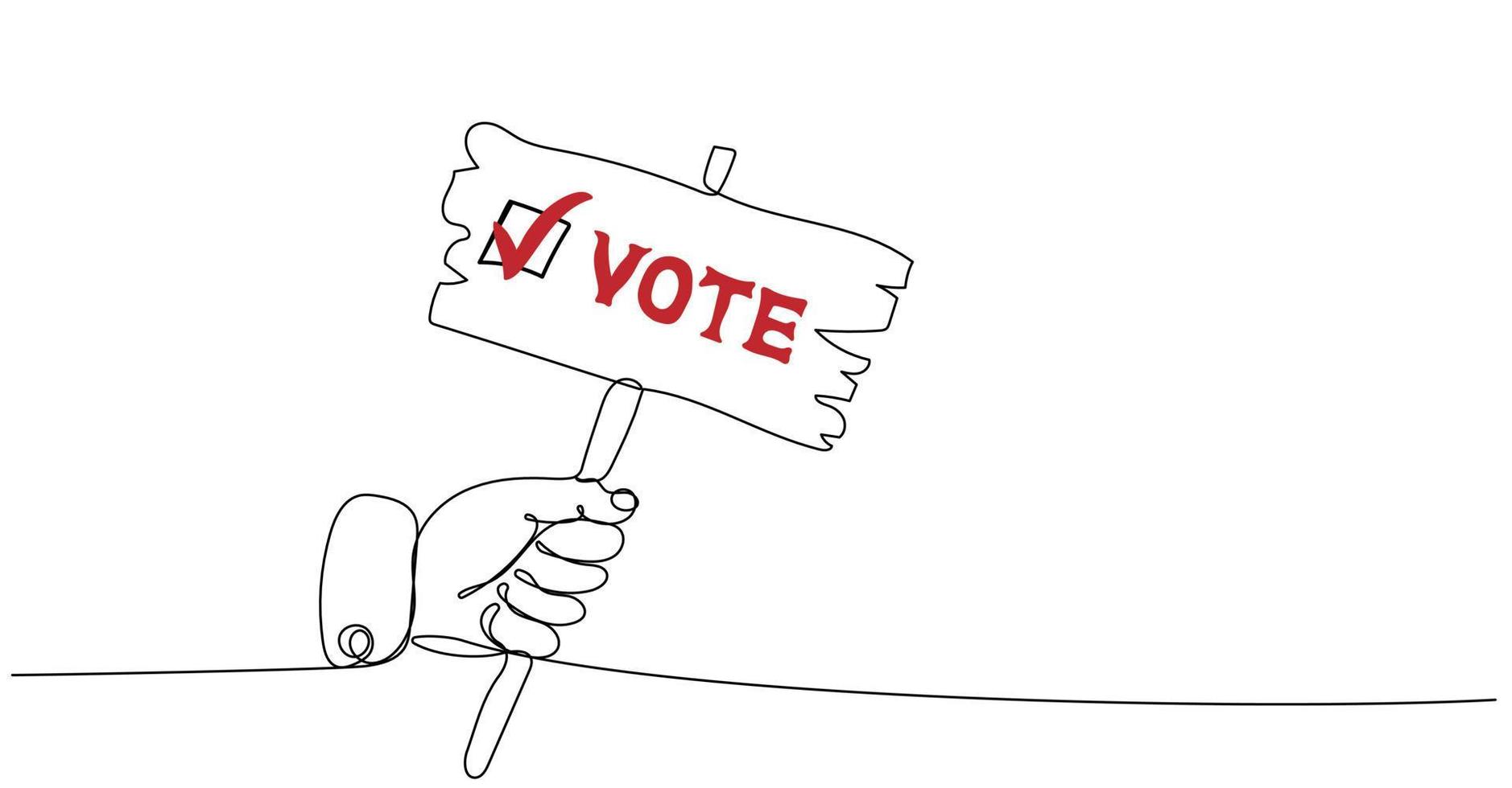 Continuous one line drawing of hand with placard calling to vote vector