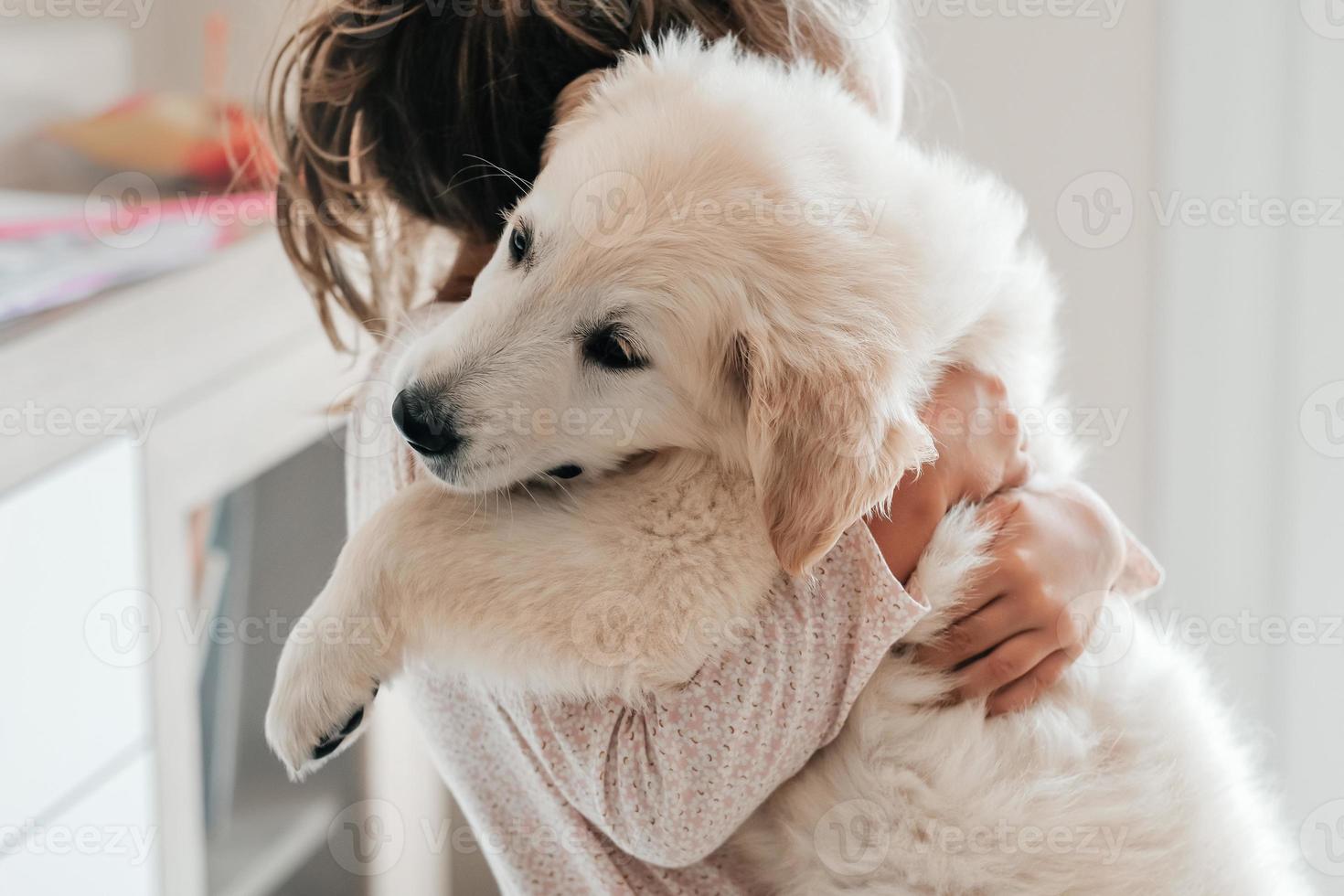 child girl play hugging dog puppy golden retriever, pet therapy and canisterapy for adults and children. animal canis assisted therapy. kids emotion mental health friends love tightly cuddle photo