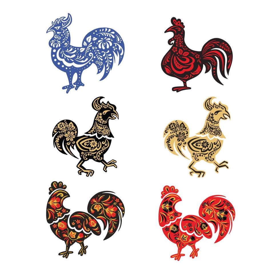 Set of roosters, hens with ethnic painting, vector illustration