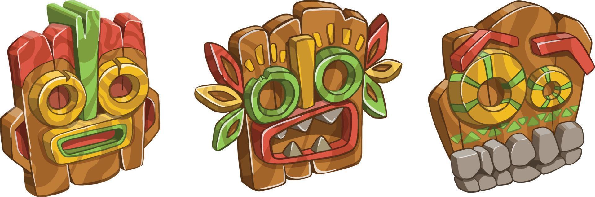 conjunto de máscaras tribales africanas. símbolos rituales aislados sobre fondo blanco. Ilustración de vector plano colorido. ilustración vectorial