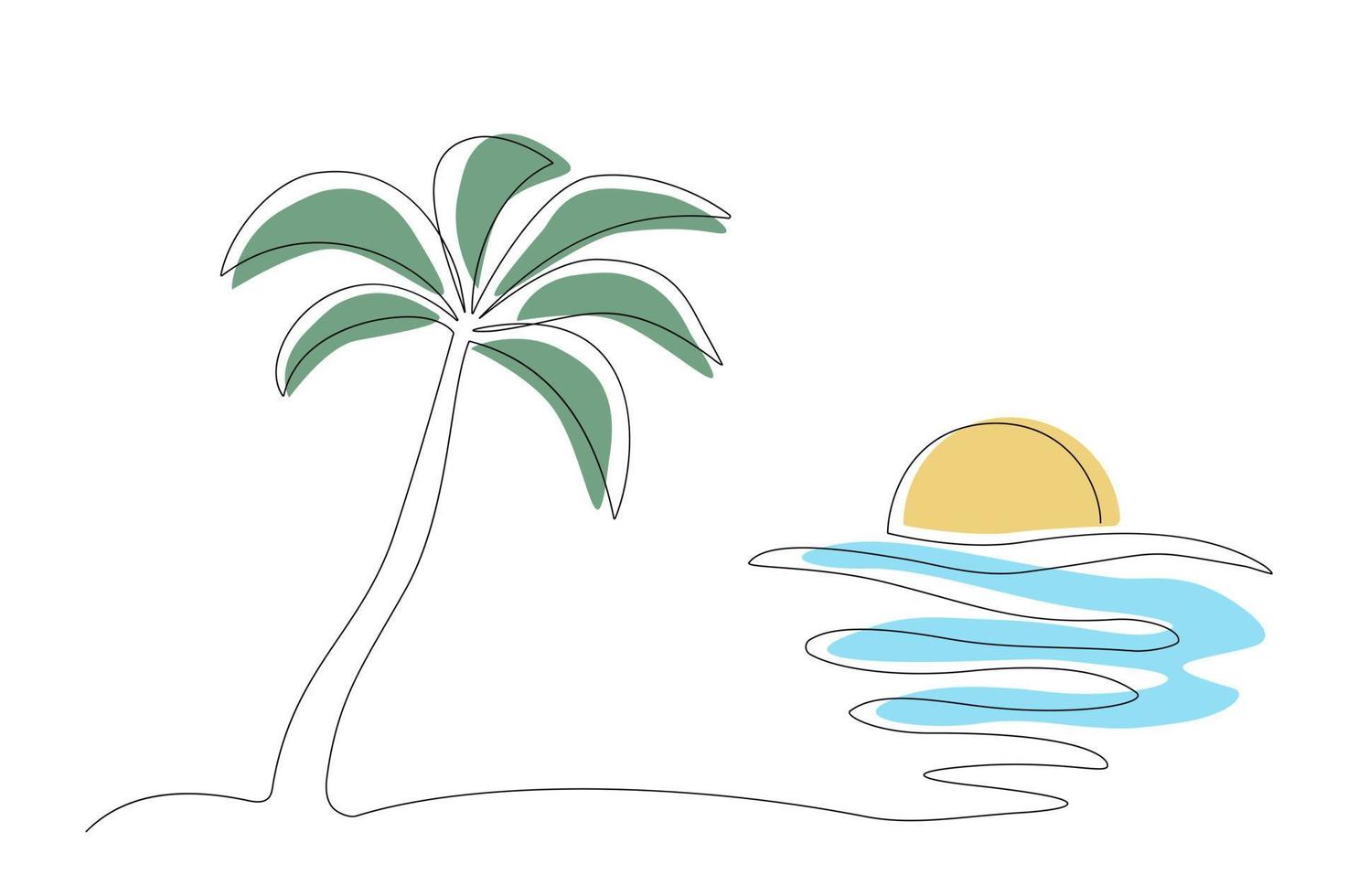 One line drawing of beach with palm tree and sunset. Vector illustration.