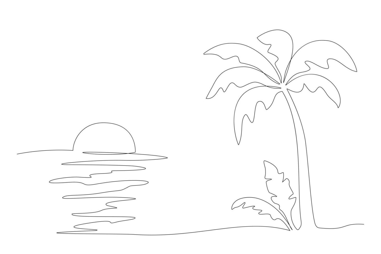Vector illustration of one line drawing of beach with palm tree and sunset. Beach background. Summer tourism concept
