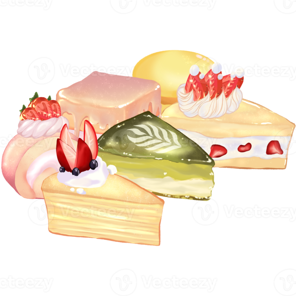 Set of strawberry and matcha cakes hand drawn png