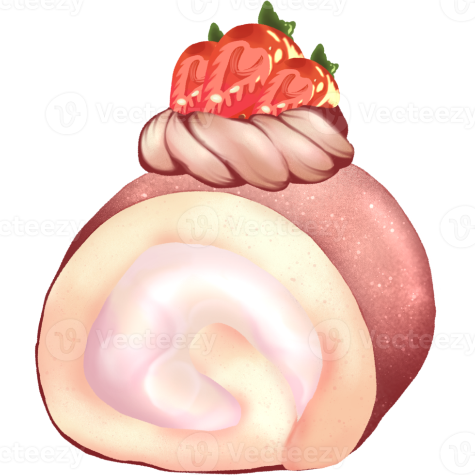chocola taart rollen met aardbei topping hand- getrokken png