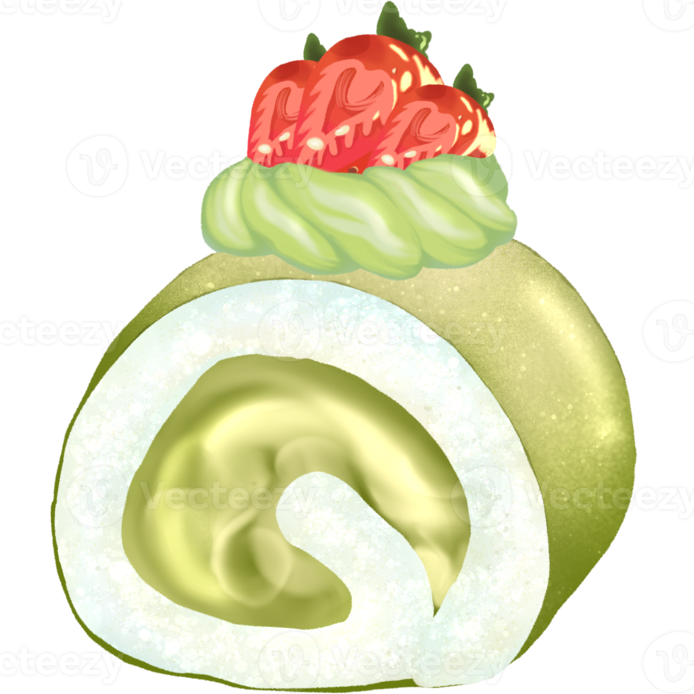 Matcha cake roll with strawberry topping hand drawn png