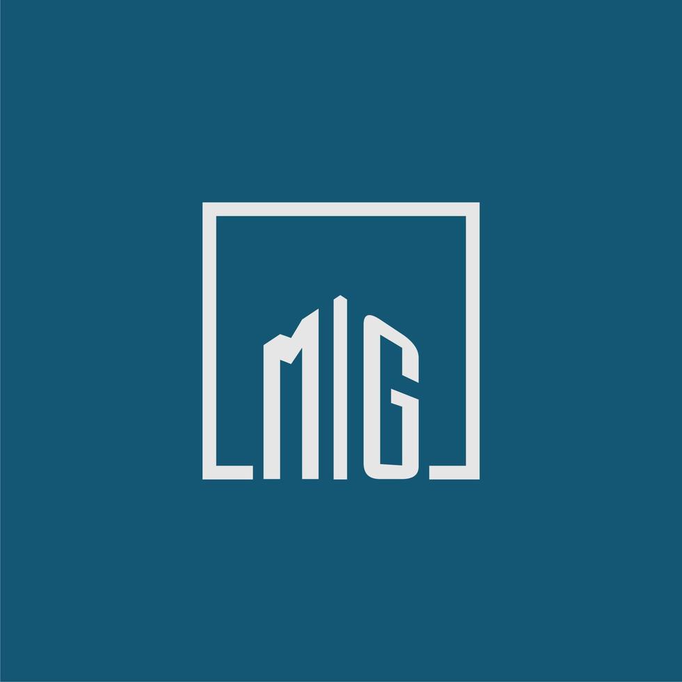 mg inicial monograma logo real inmuebles en rectángulo estilo diseño vector