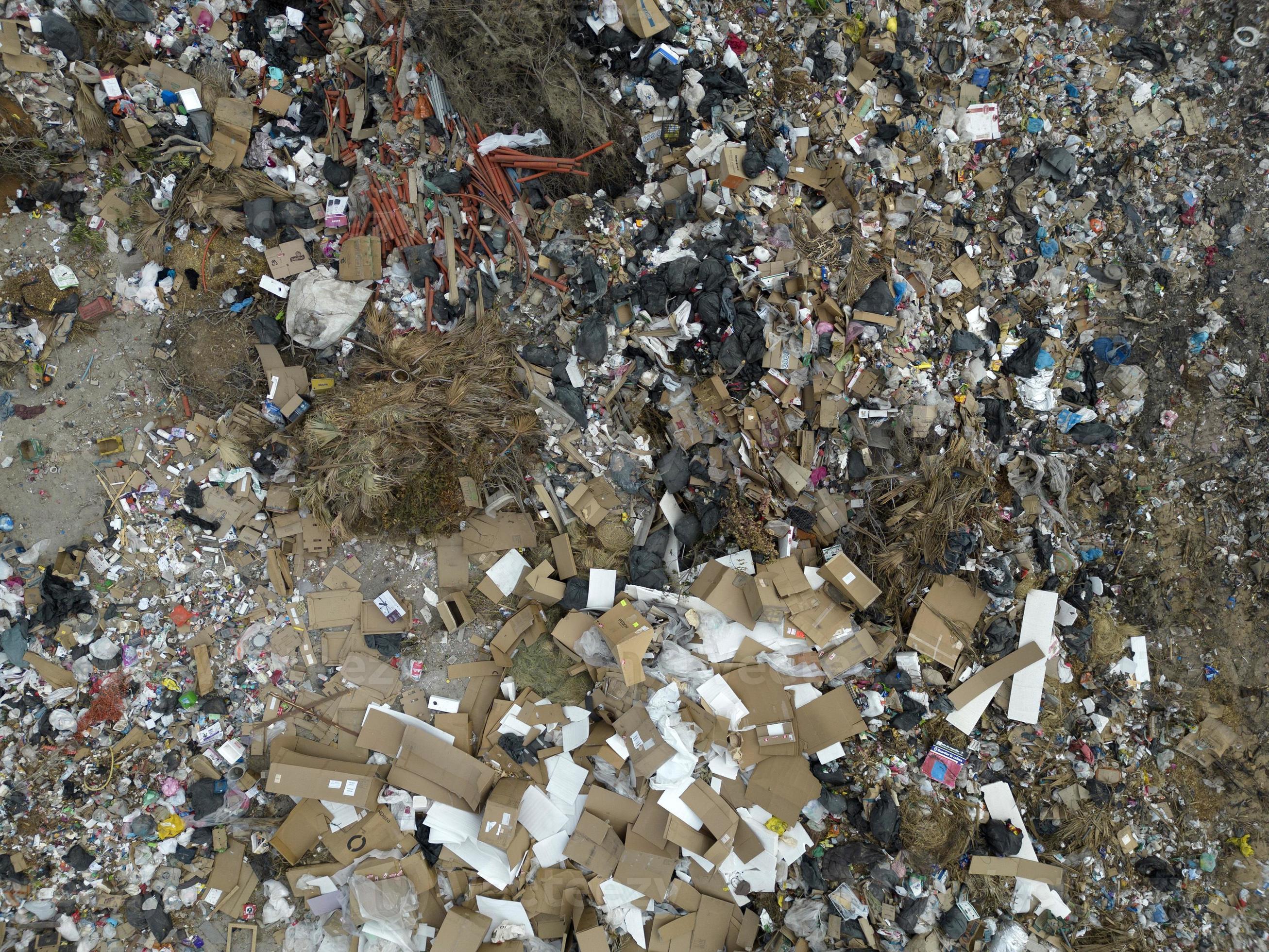 Drone Aerial top view large garbage pile, Garbage pile in trash dump or landfill mountain