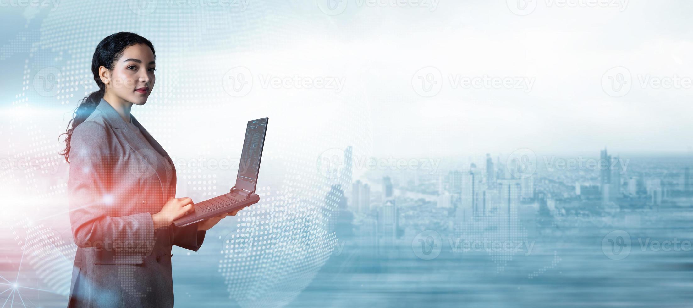 Businesswoman using laptop on world map city background with copy space, Business innovation technology digital concept, Double exposure of futuristic global network interface, Programming, IT support photo