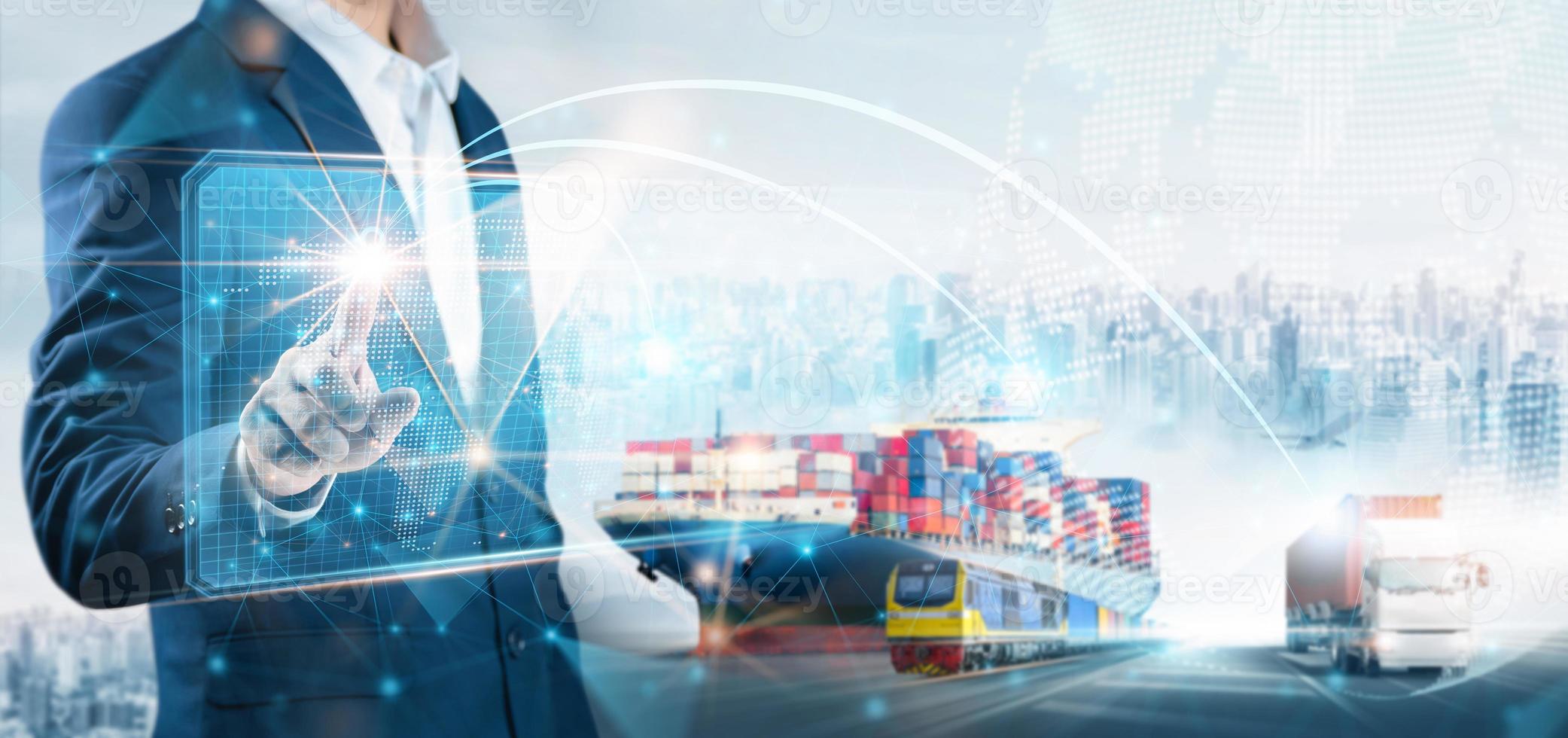 Global Business logistics import export transportation and smart technology concept, Businessman press on virtual screen of logistic network distribution, Container cargo freight ship background photo