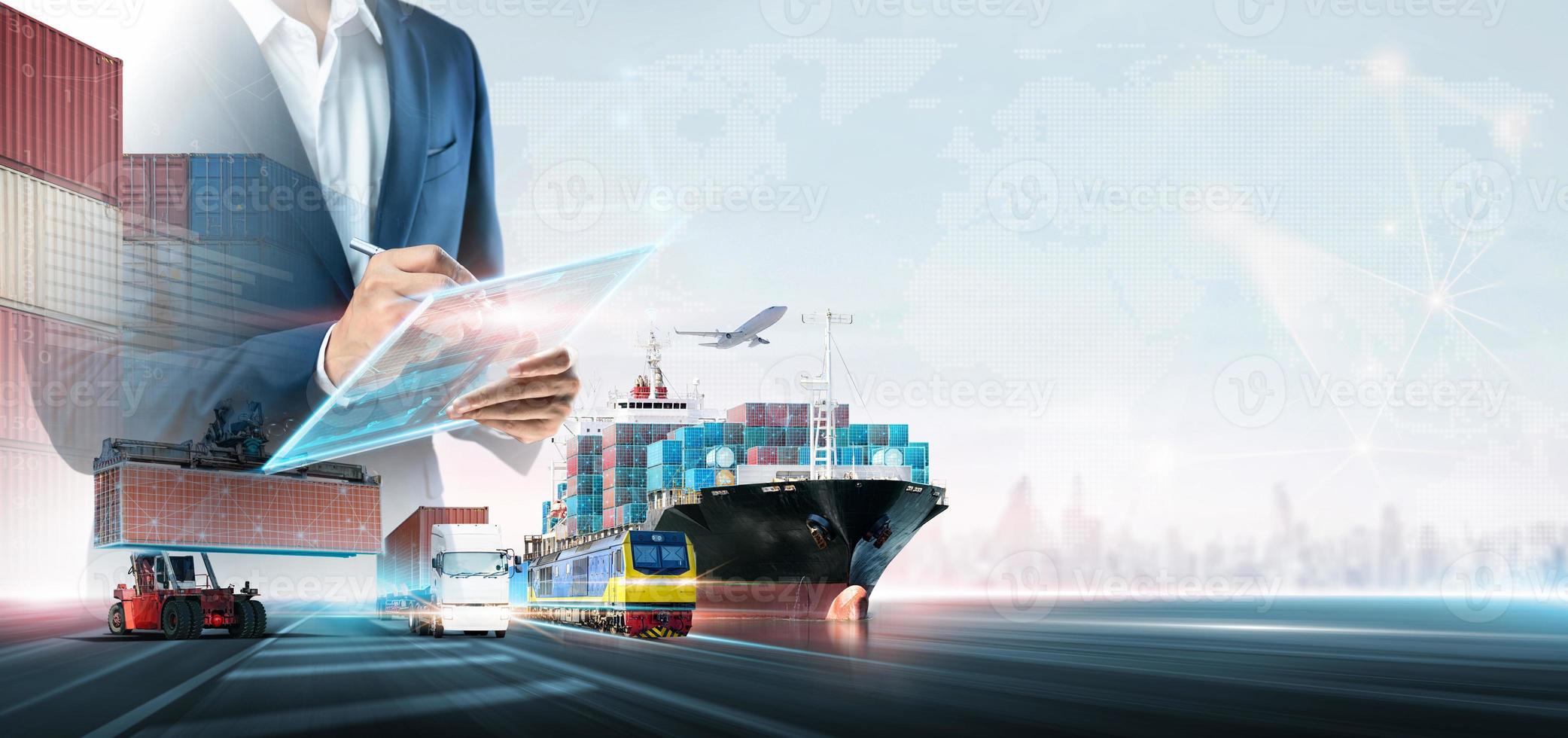 Business and technology digital future of cargo containers logistics transportation import export concept, Manager using tablet online tracking control delivery distribution on world map background photo