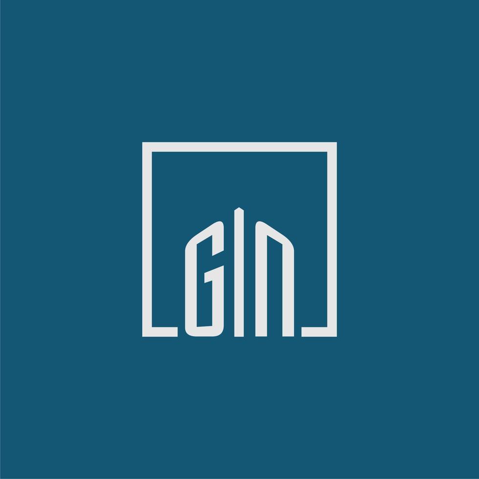 gn inicial monograma logo real inmuebles en rectángulo estilo diseño vector