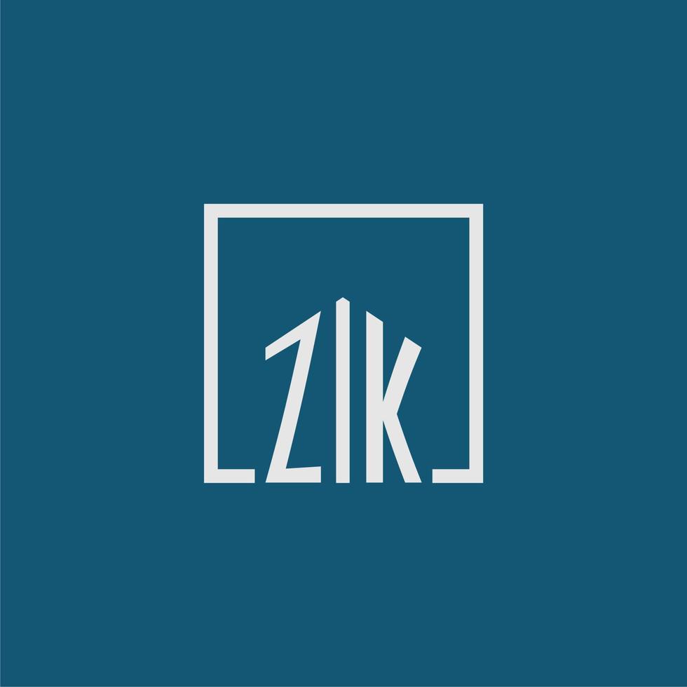 zk inicial monograma logo real inmuebles en rectángulo estilo diseño vector