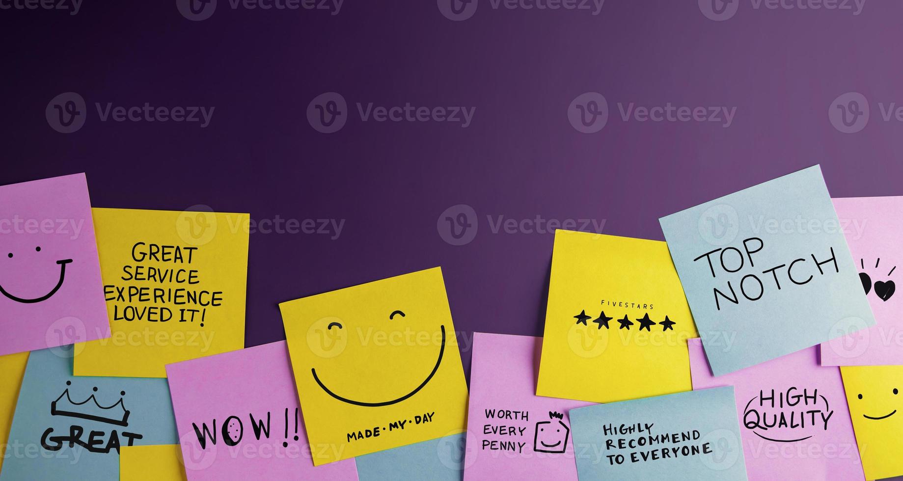 Customer Experience Concept. Happy Clients stick Many Sticky Notes with Positive Review on Board. Feedback for Satisfaction Surveys. photo