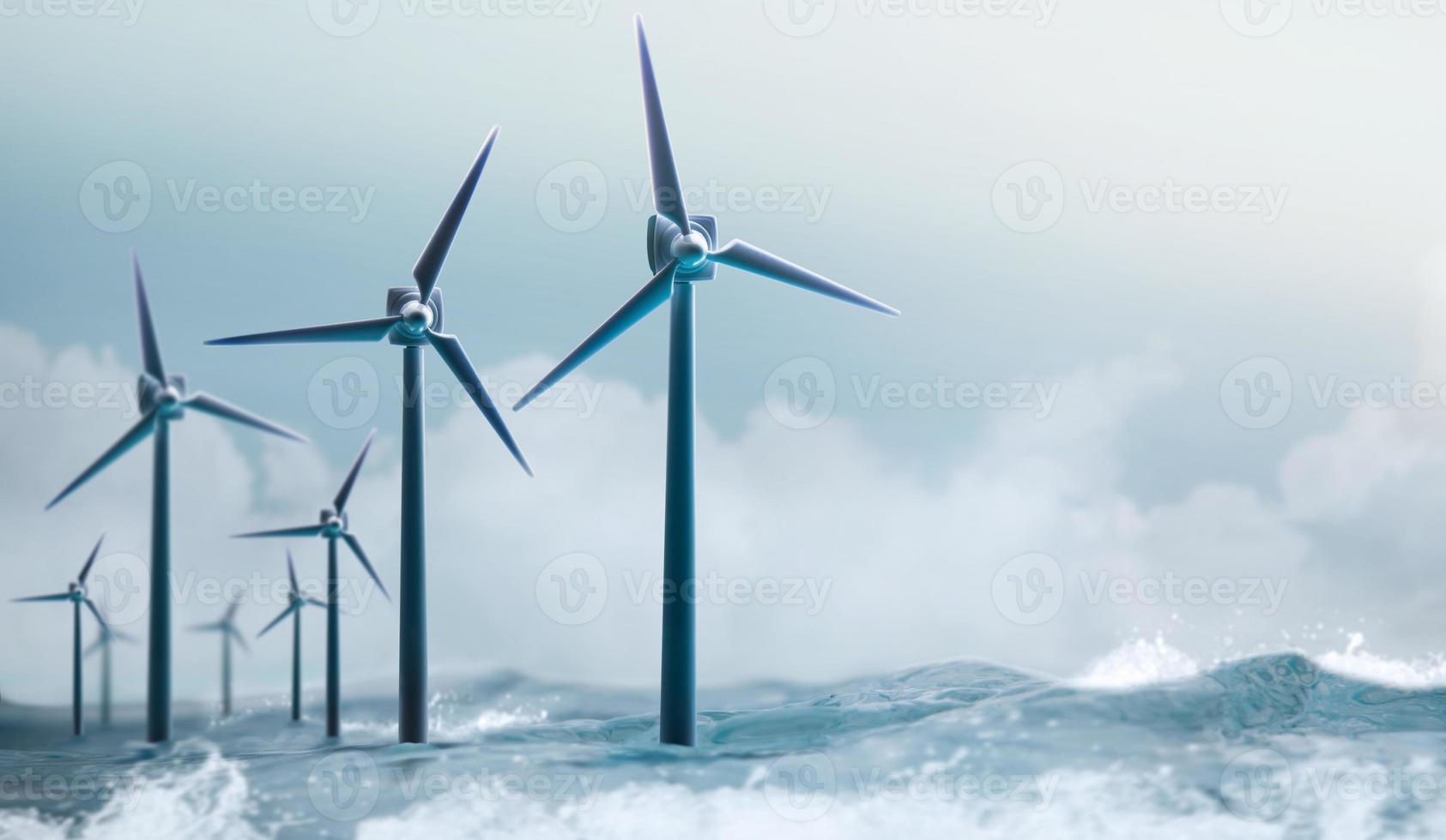Renewable Energy Concepts. Wind Power stand in the Sea. Wind Generated Water Electrolysis to produce Hydrogen. Carbon Neutral and Emission ,ESG for Clean Energy. Sustainable, Environmental Care photo