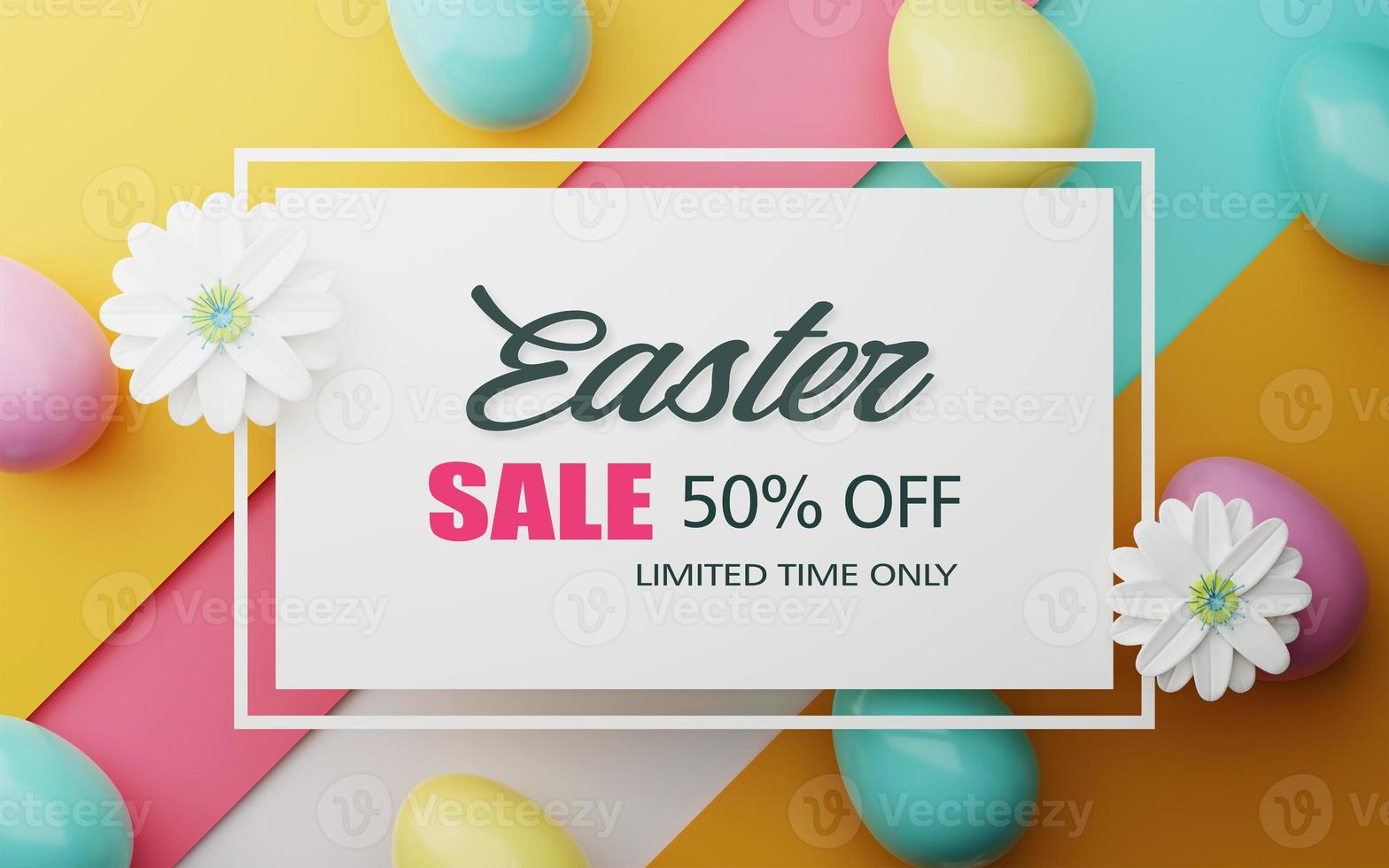 Easter Sale Illustration with Color Painted Egg, Spring Flower on Colorful Background. Holiday Design Template for Coupon, Banner, Voucher or Promotional Poster. 3d rendering. photo