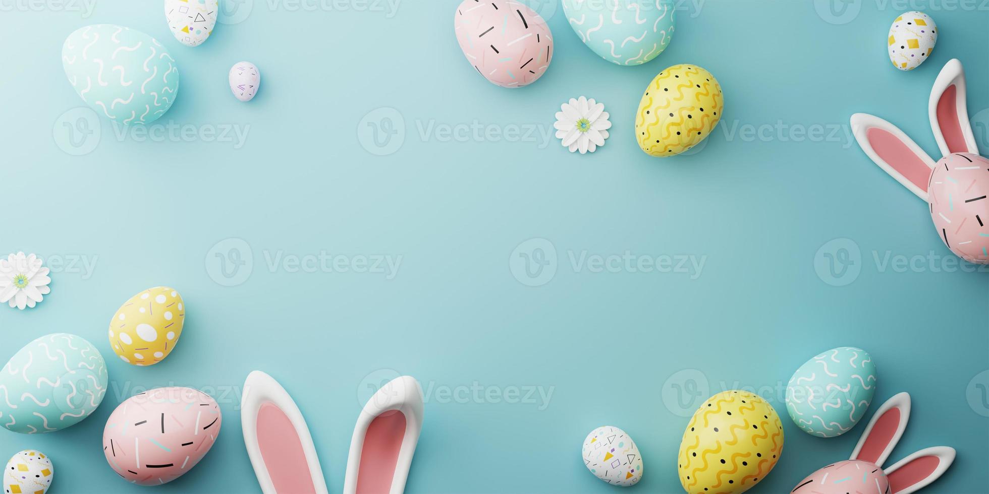 Easter party concept. Top view photo of easter bunny ears white pink blue and yellow eggs on isolated pastel blue background with copy space. 3d rendering.
