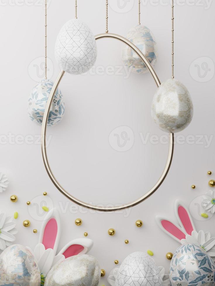 Easter colorful decorated eggs hanging on white background. Luxury easter concept. Happy Easter card with copy space for text. 3d rendering. photo