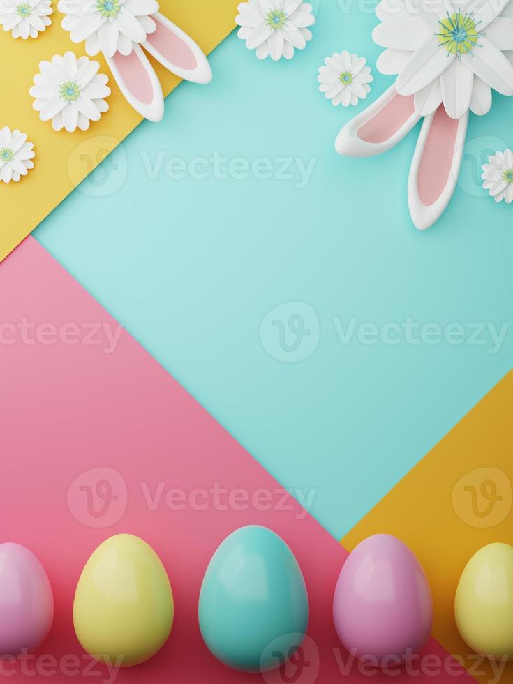 Easter colorful decorated Color Painted Egg, Spring Flower and Rabbit Ears on Colorful Background. Minimal easter concept. Happy Easter card with copy space for text. 3d rendering. photo