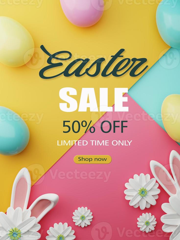 Easter Sale Illustration with Color Painted Egg, Spring Flower and Rabbit Ears on Colorful Background. Holiday Design Template for Coupon, Banner, Voucher or Promotional Poster. 3d rendering. photo