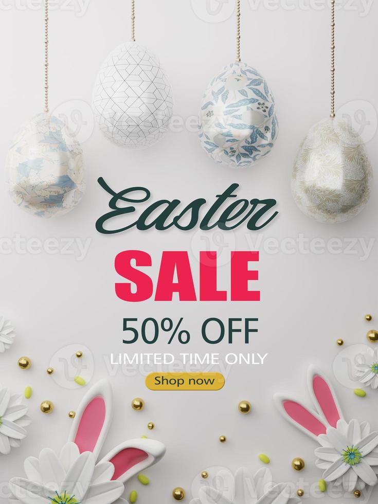 Easter sale banner design. Easter sale text up to 50percent off promotion with 3d realistic bunny and eggs for seasonal shop discount advertisement. Luxury easter concept.  3d rendering. photo