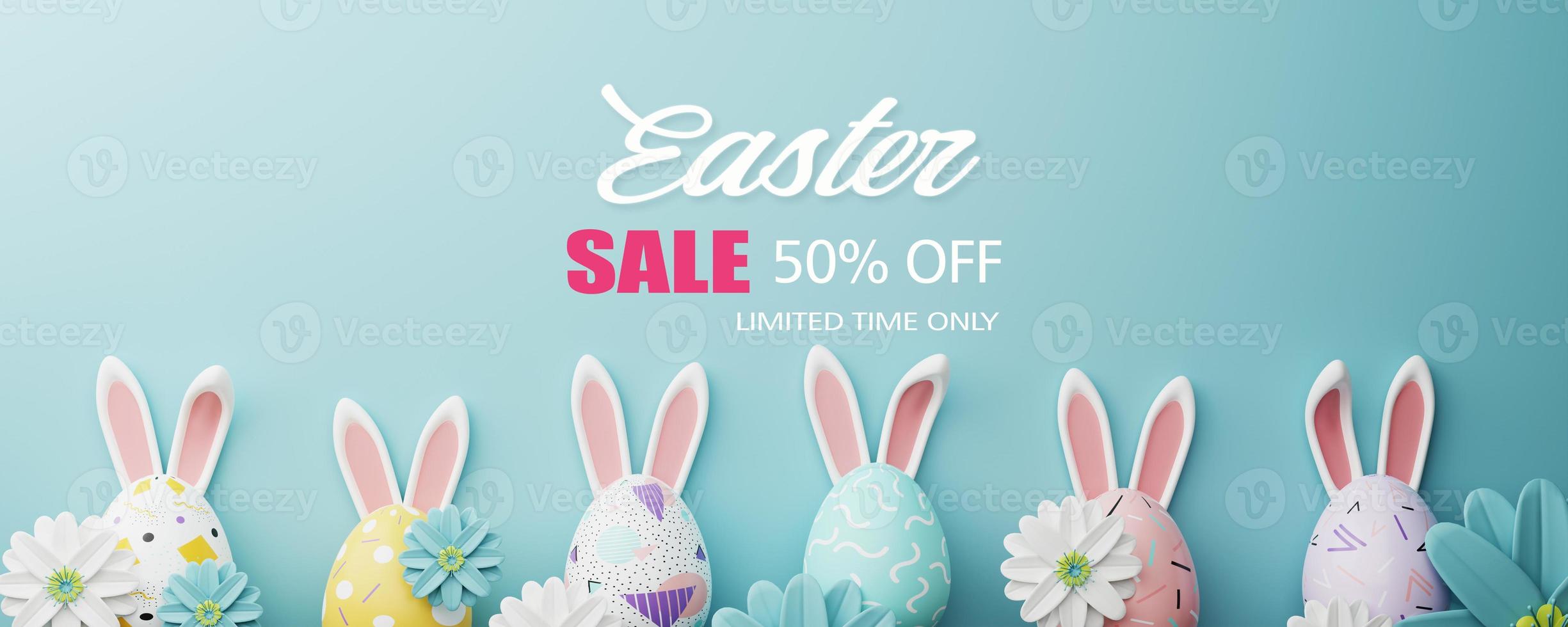 Easter sale banner design. Easter sale text up to 50percent off promotion with 3d realistic bunny and eggs for seasonal shop discount advertisement. 3d rendering. photo