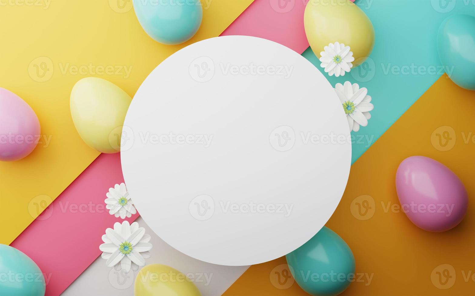 Easter colorful decorated eggs on colorful background. Minimal easter concept. Happy Easter card with copy space for text. 3d rendering. photo