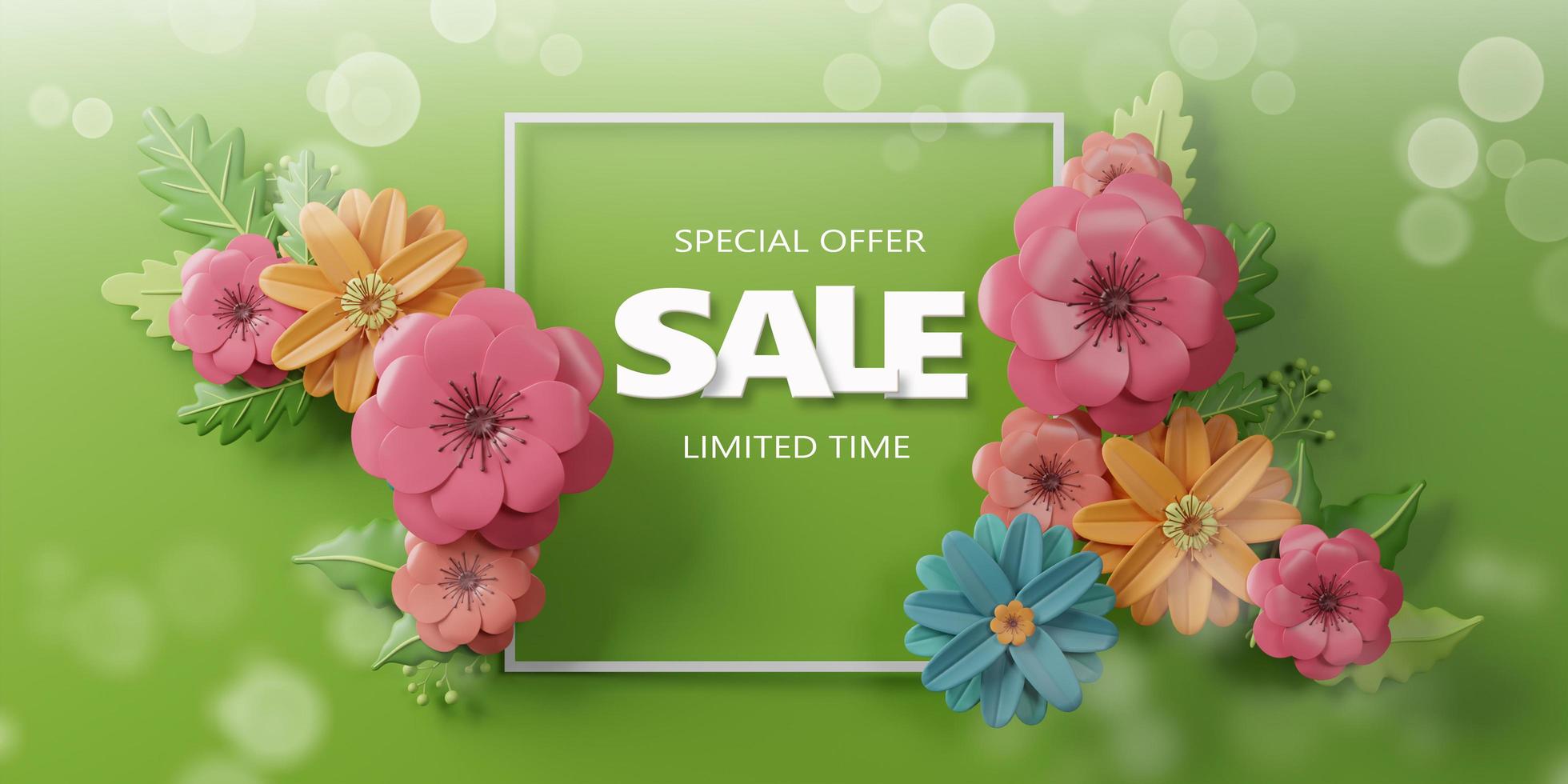 3d Rendering. Spring sale banner with beautiful colorful flower. Can be used for template, banners, wallpaper, flyers, invitation, posters, brochure, voucher discount. photo