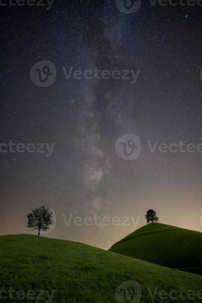two hills with a tree on each hill, the milky way can be seen in the sky photo