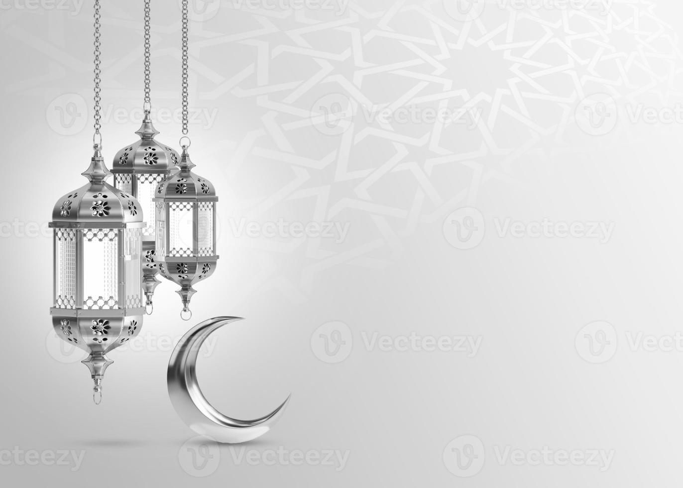 Ramadan Kareem. Islamic greeting template with ramadan for wallpaper design. Poster, media banner . Silver lamp and a crescent moon on a gray photo