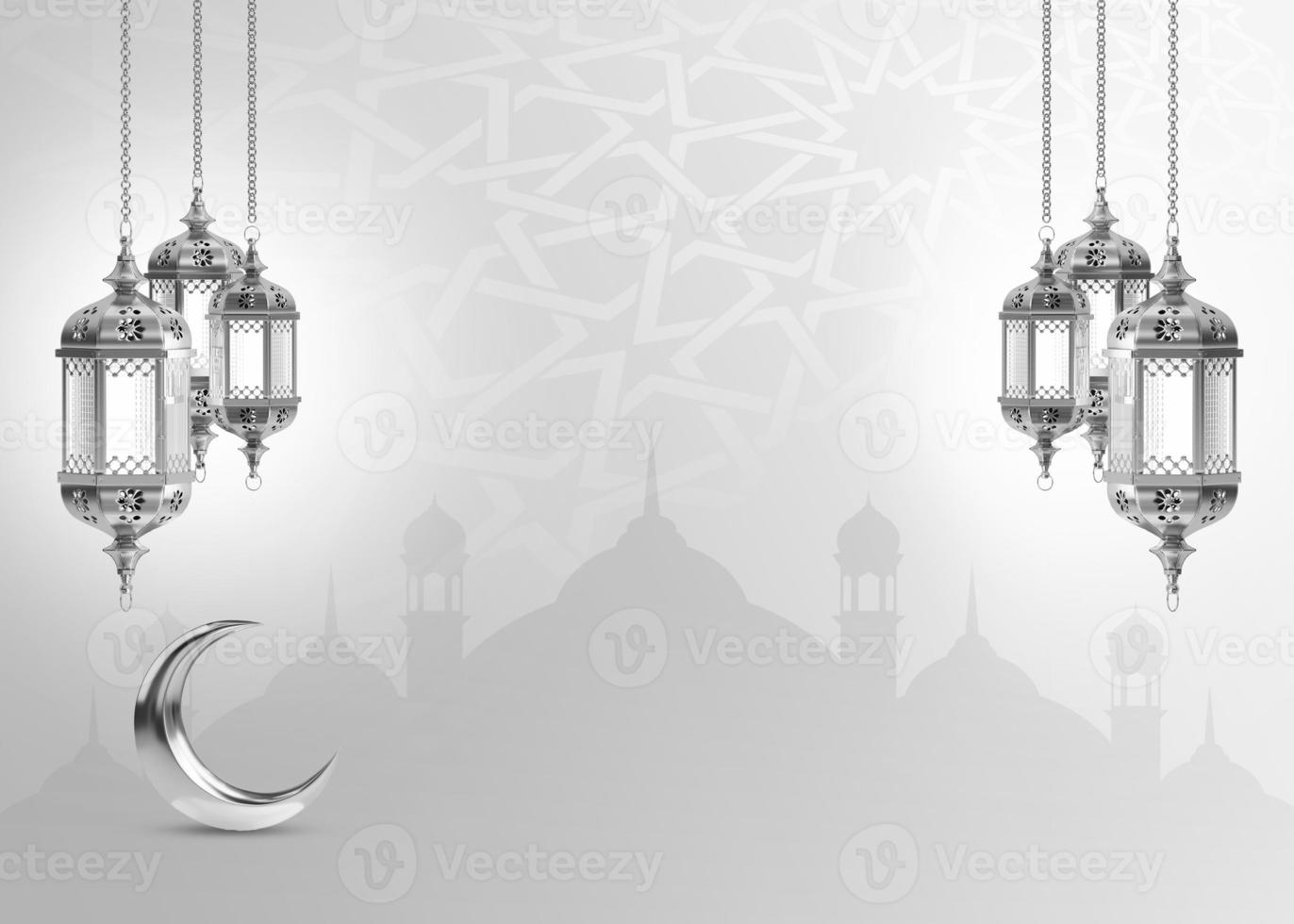 Ramadan Kareem. Islamic greeting template with ramadan for wallpaper design. Poster, media banner . Silver lamp and a crescent moon on a gray photo