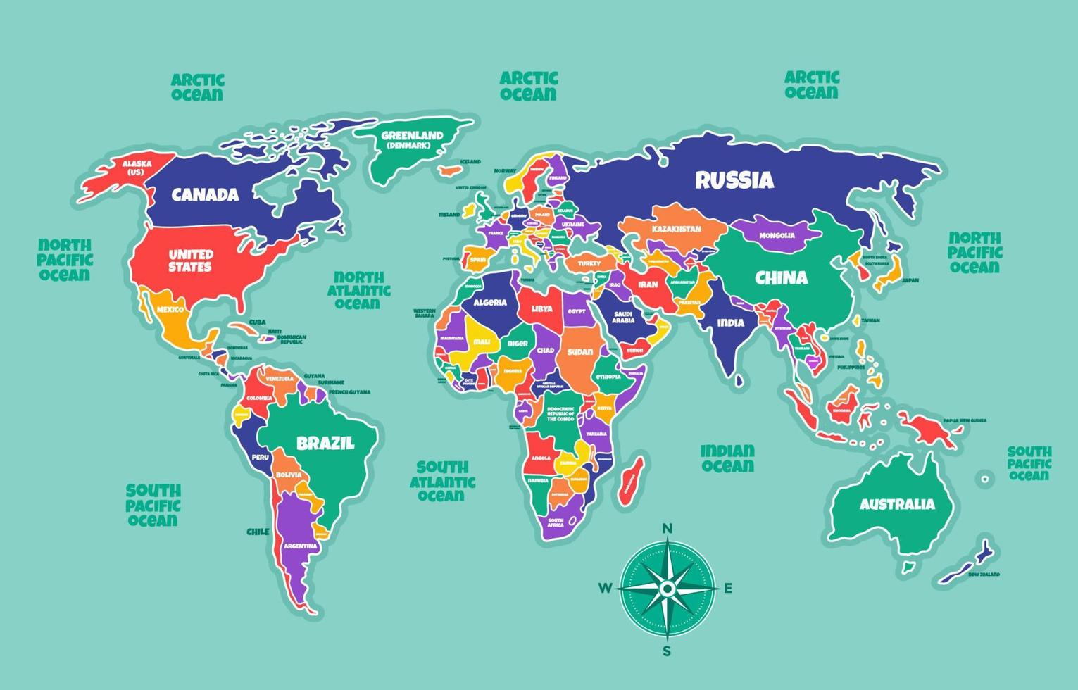 vistoso mundo mapa con país nombres vector