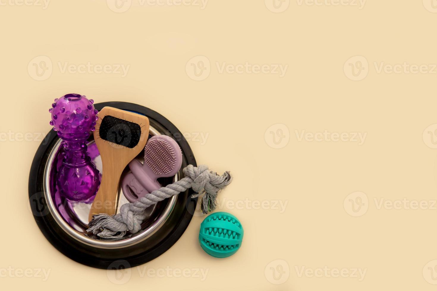 domestic dog accessories toys, brush ball in food bowl for wool on beige background with copy space photo