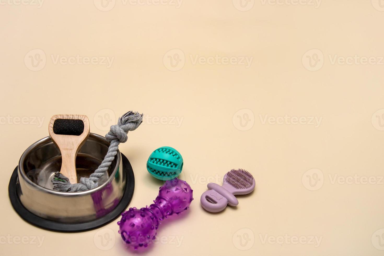 domestic dog supplies bowl, wool brush, toys, ball on a beige background with copy space photo