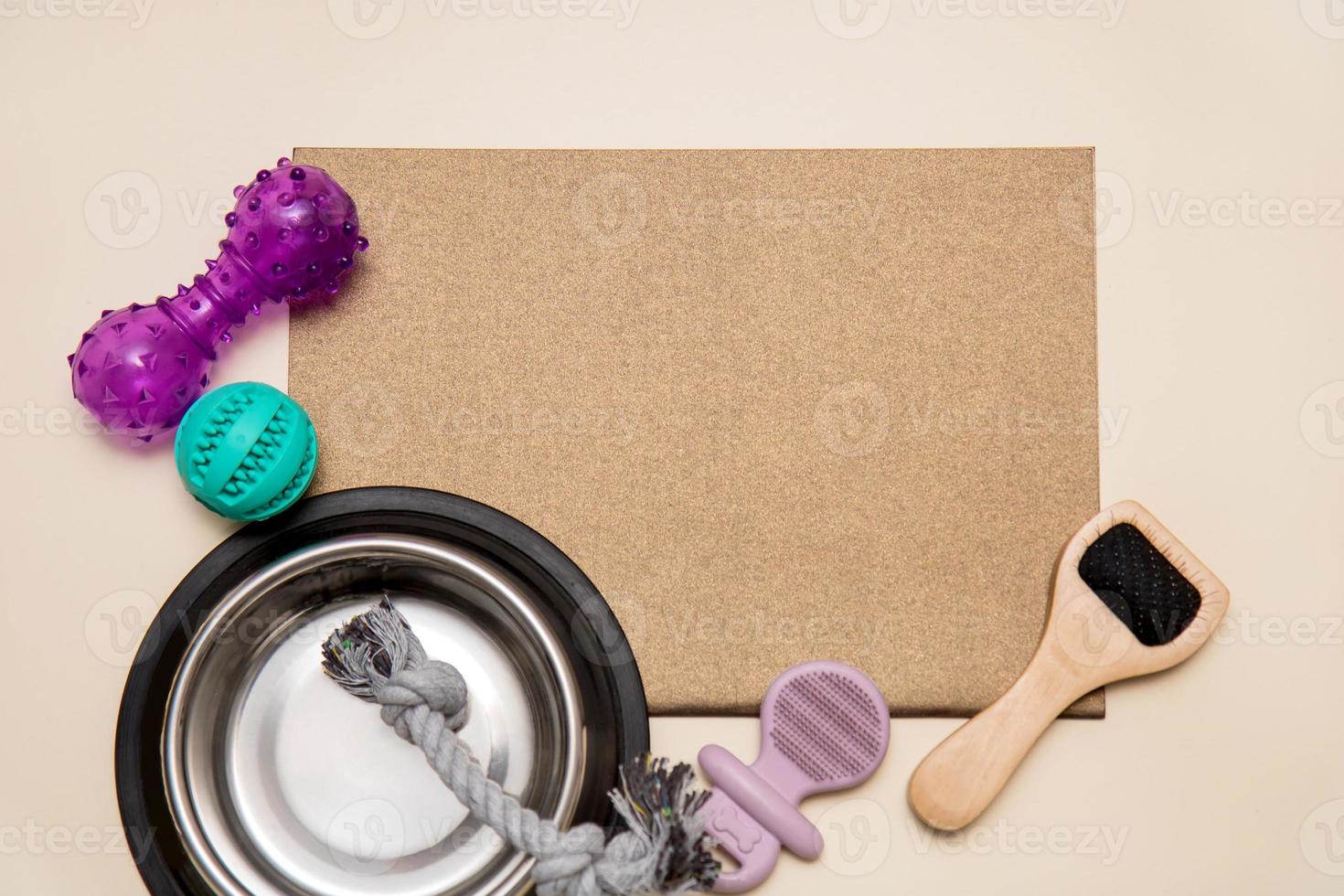 dog toys, a bowl, a wool brush are laid out near an empty brown sheet, copy space, mockup, pets photo