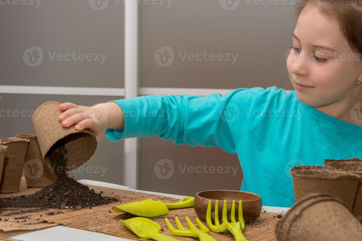 pretty girl at the table pours out the earth from a peat pot, prepares for planting seedlings photo