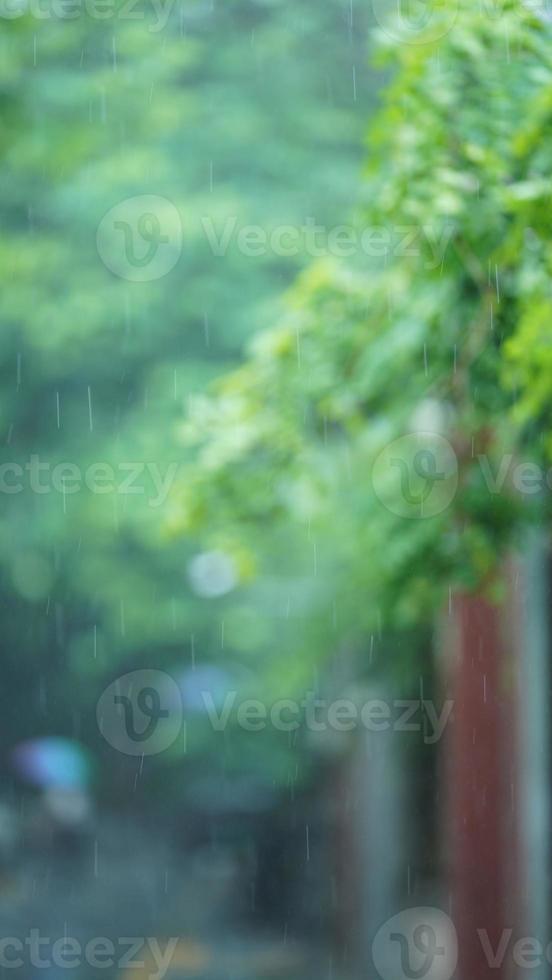 The rainy day view in the city with the wet road and rainy droplets down photo