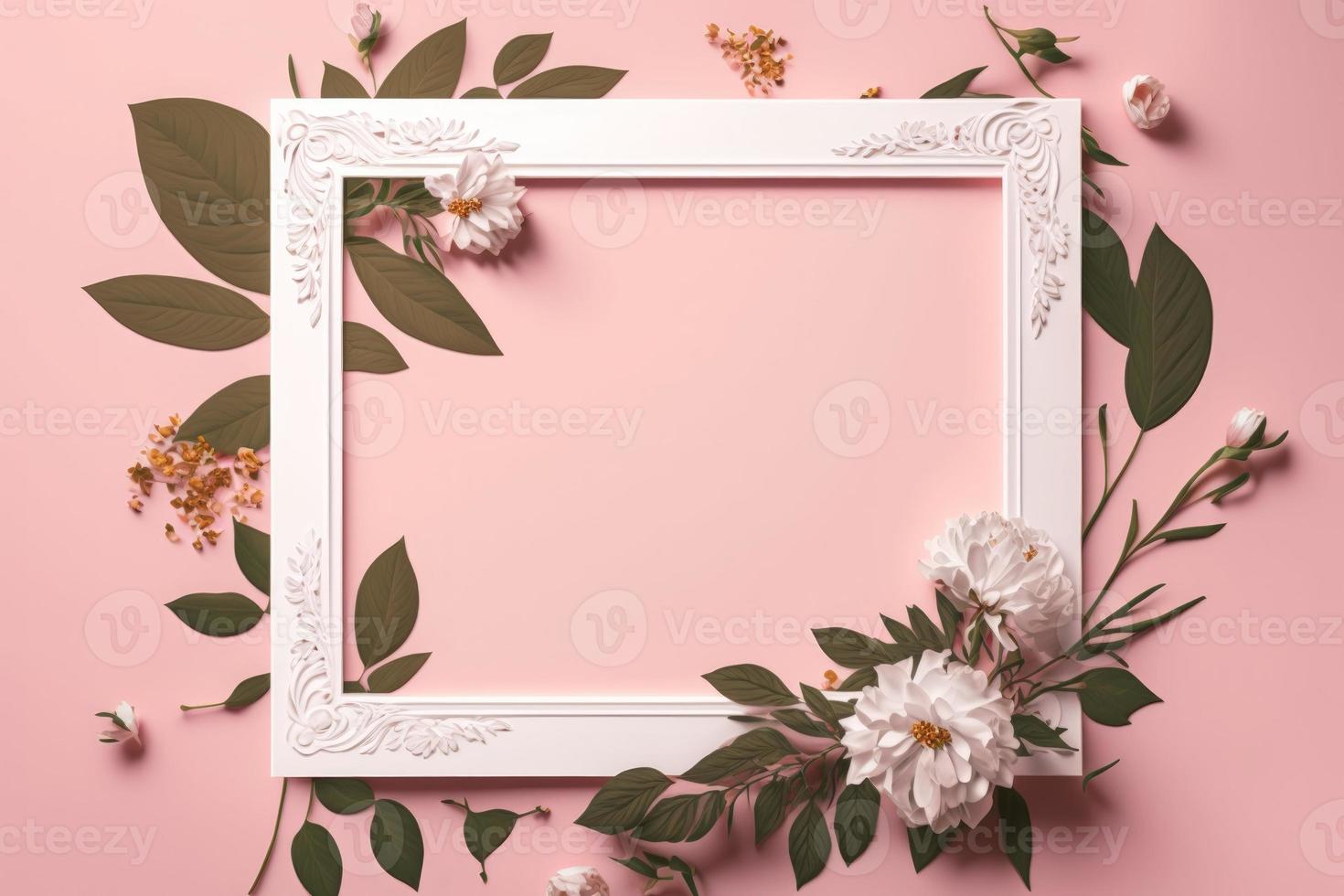 Empty white frame on pink background with flowers and leaves on the corner photo