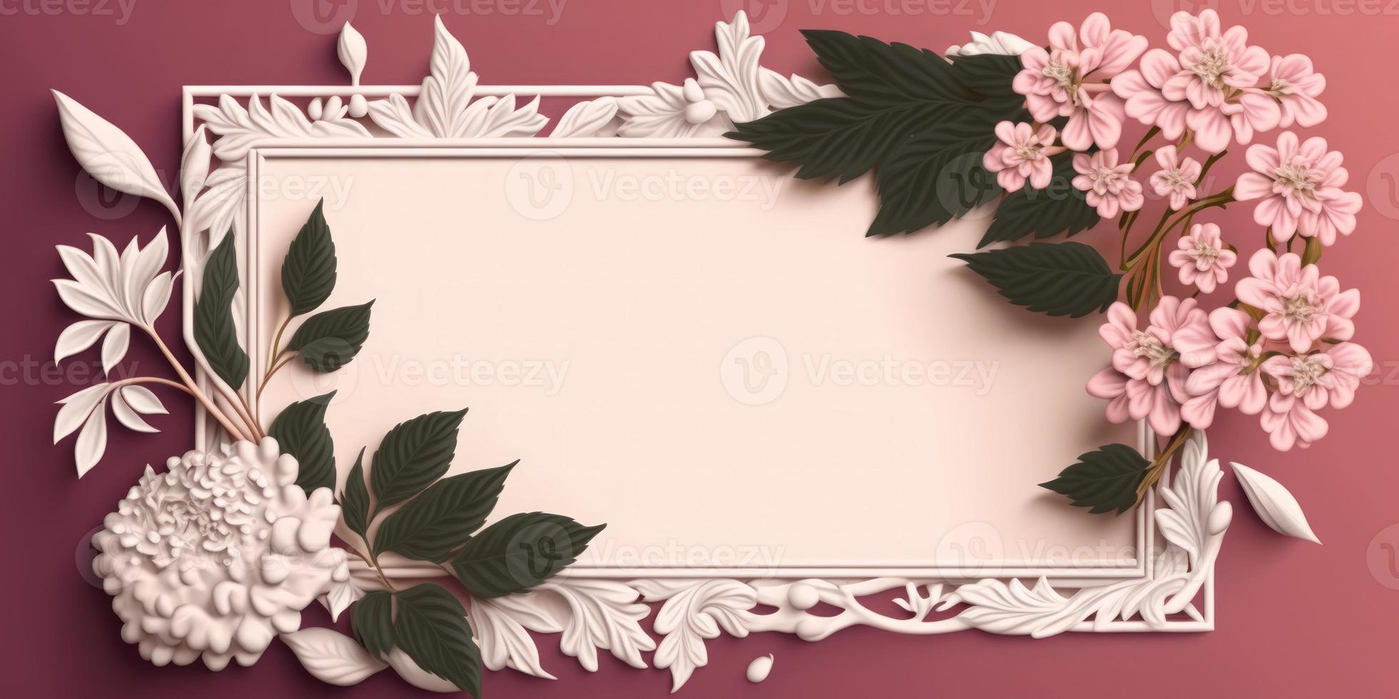 Empty white frame on pink background with flowers and leaves on the corner photo