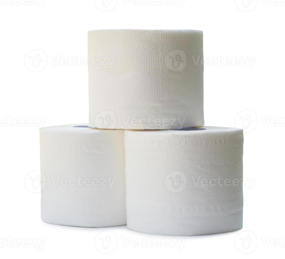 three rolls of white tissue paper or napkin in stack prepared for use in toilet or restroom isolated on white background with clipping path photo