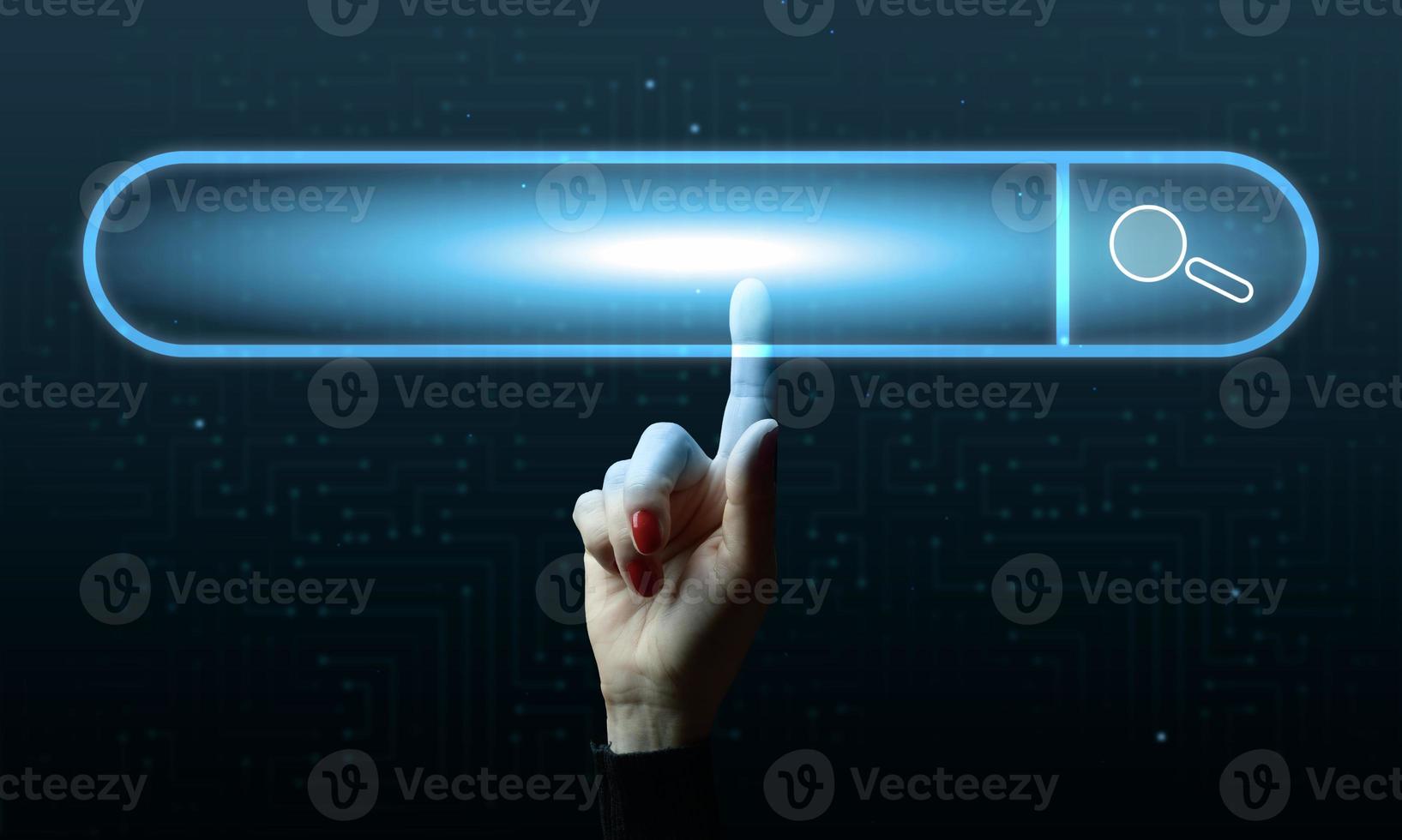 A female hand and a virtual loading bar icon for input and search of information photo