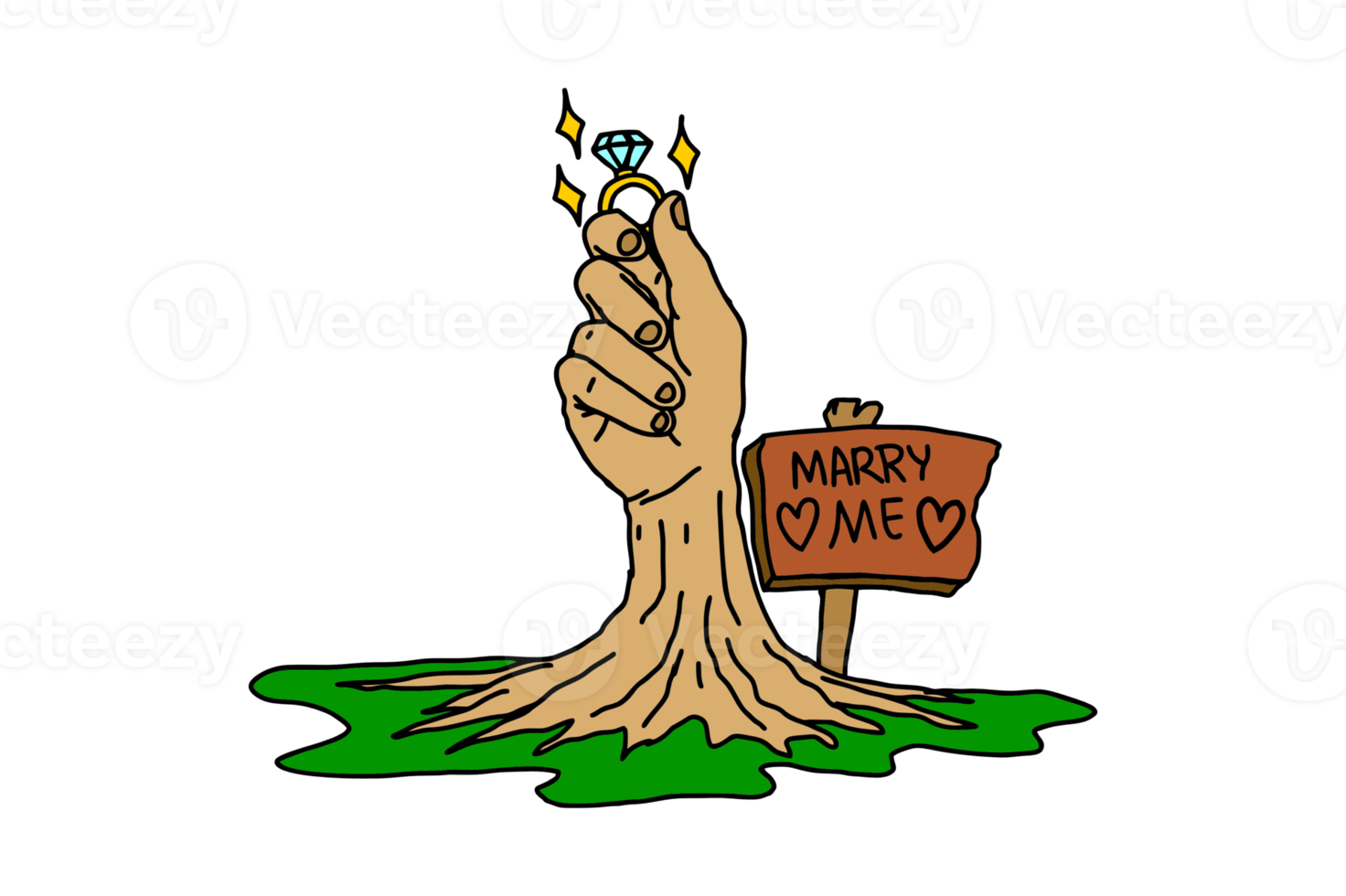 Tree in the shape of a hand holding a diamond ring for a marriage proposal with a sign saying marry me png