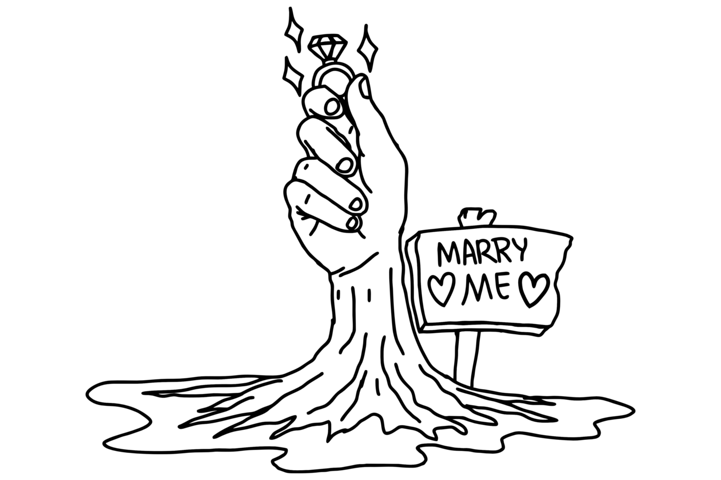 Tree in the shape of a hand holding a diamond ring for a marriage proposal with a sign saying marry me png