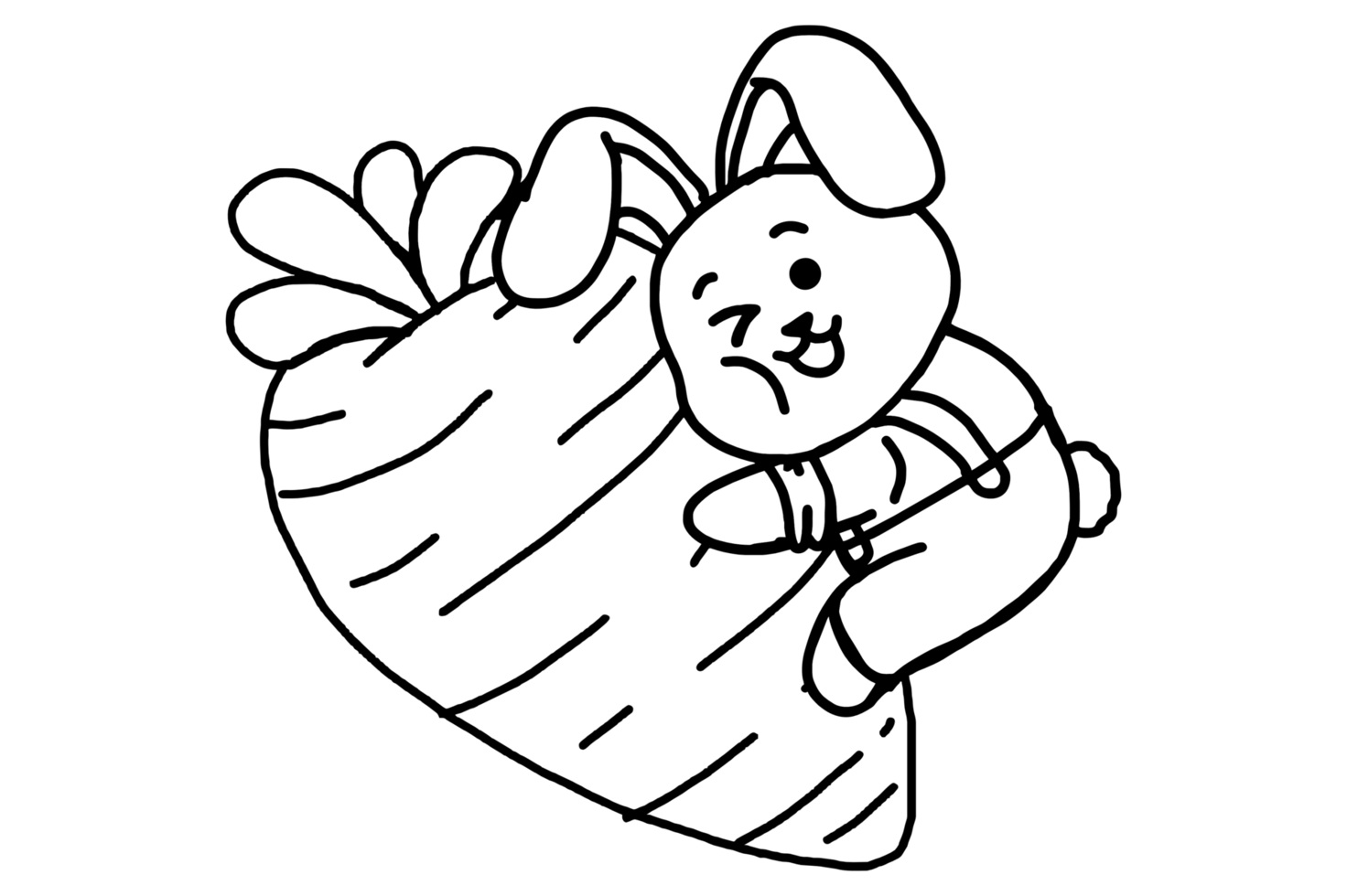 Cute little bunny wearing farmer's clothes hugging a big carrot line art png