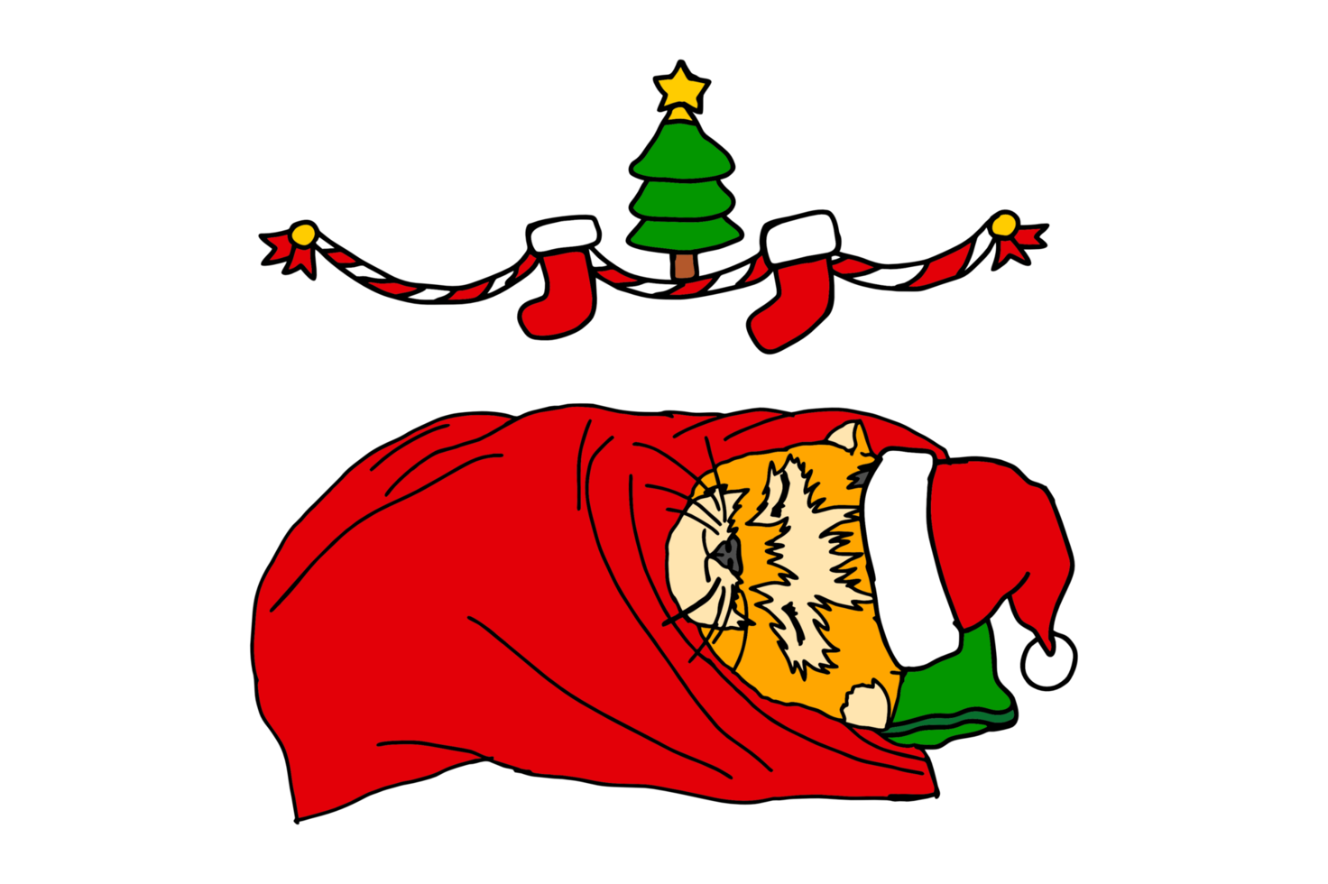 Adorable kitten sleeping in a bag with Christmas themed ornaments png