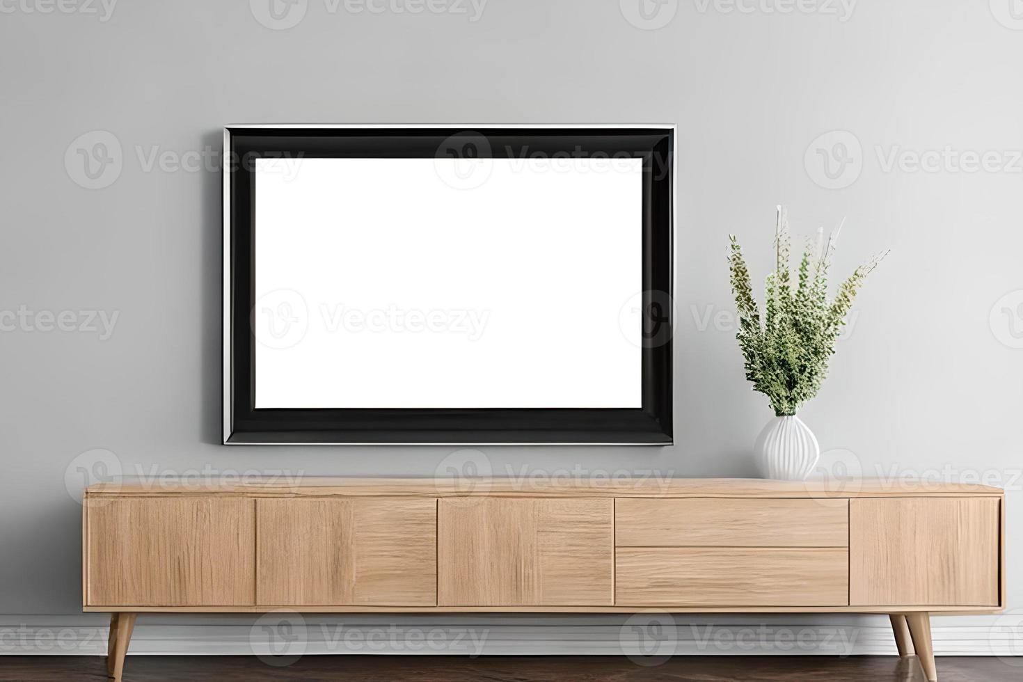 A mockup simple photo frame at the wall and a cabinet drawer.