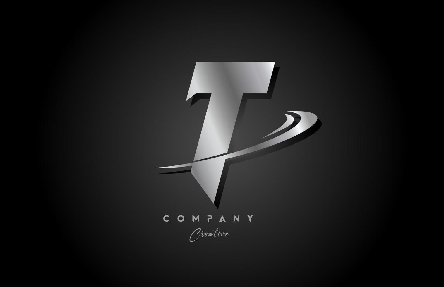 T silver metal grey alphabet letter logo icon design with swoosh. Creative template for company and business vector